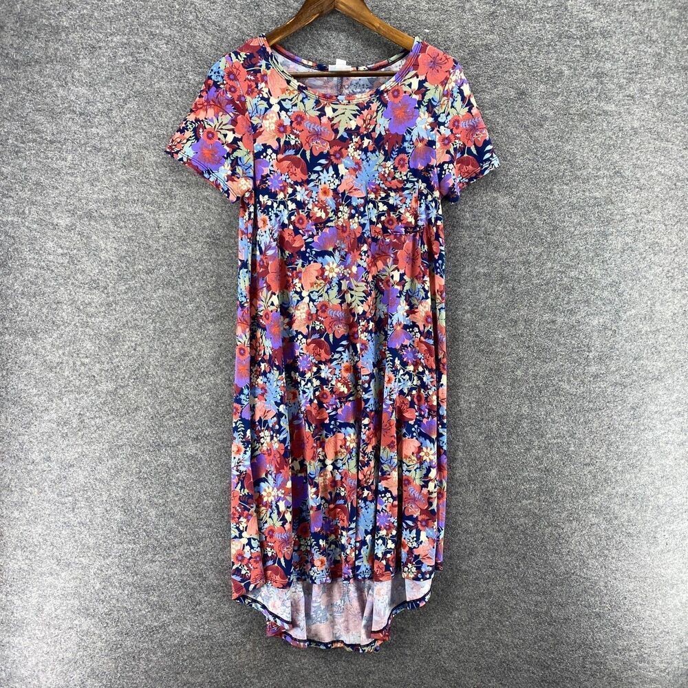 LulaRoe Dress Women XS Blue Floral Shift Midi Short Sleeve Round Neck Casual